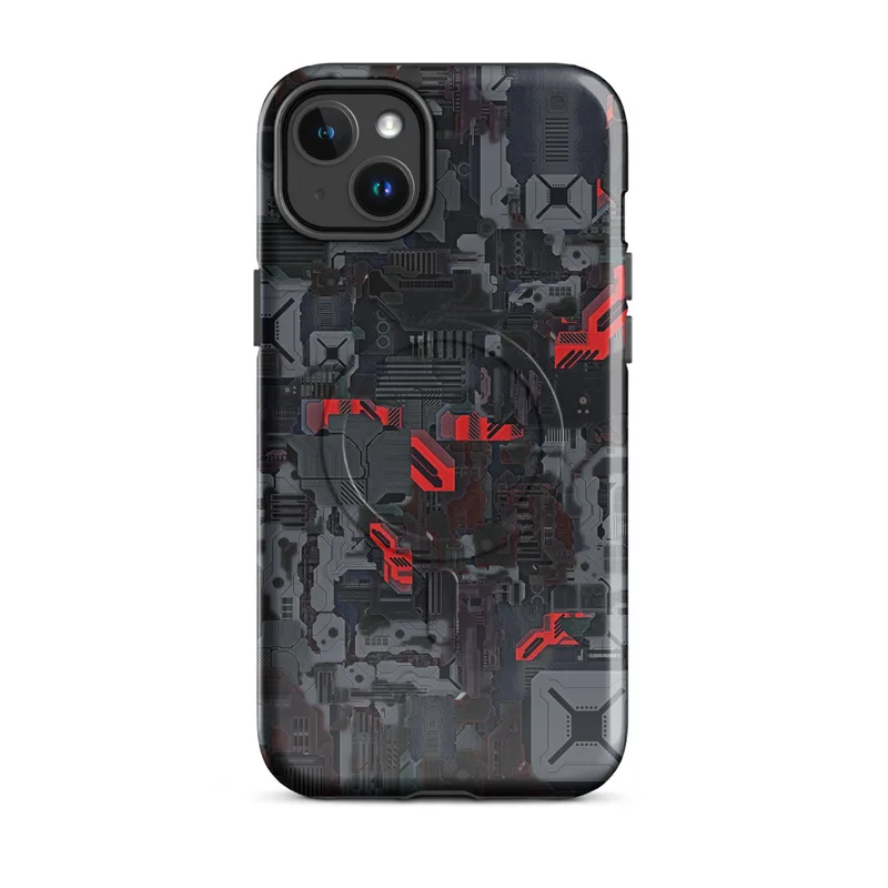 Glossy Dark Mech Circuit Armor MagSafe Tough Case for iPhone — dense layered sci-fi circuit board panels in dark grey