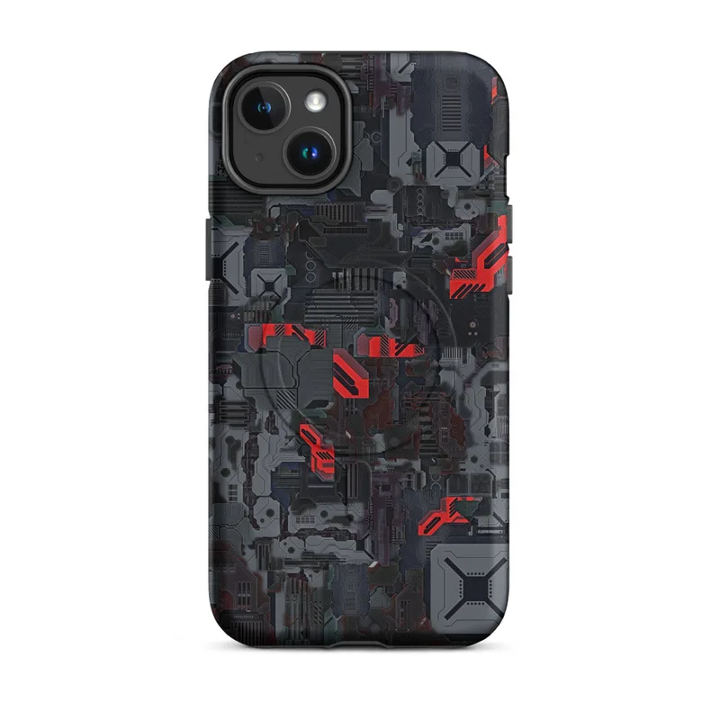 Matte Dark Mech Circuit Armor MagSafe Tough Case for iPhone — dense layered sci-fi circuit board panels in dark grey