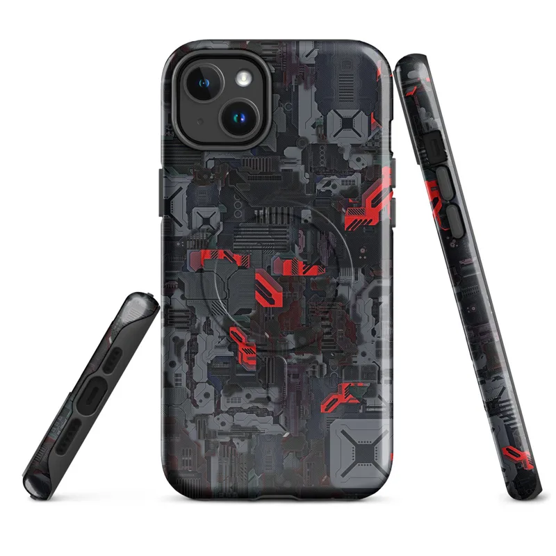 Glossy Dark Mech Circuit Armor MagSafe Tough Case for iPhone — dense layered sci-fi circuit board panels in dark grey