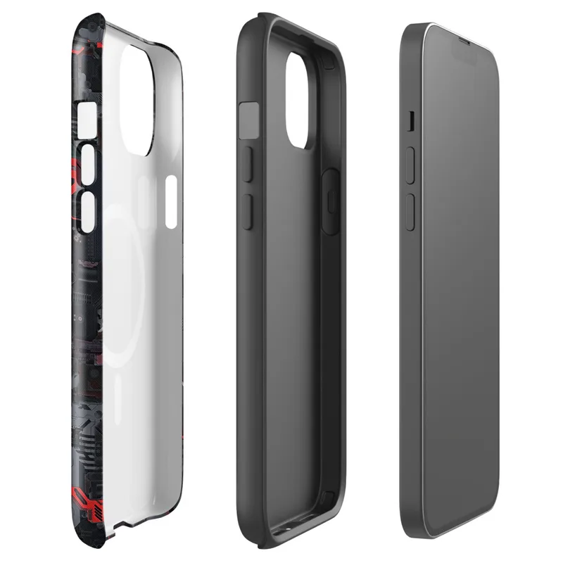 Glossy Dark Mech Circuit Armor MagSafe Tough Case for iPhone — dense layered sci-fi circuit board panels in dark grey