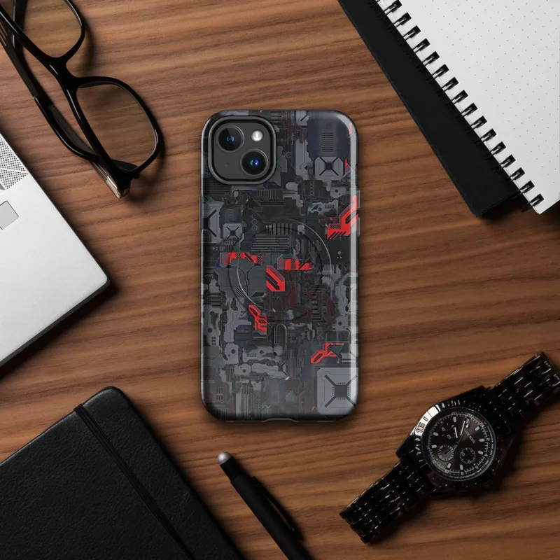 Glossy Dark Mech Circuit Armor MagSafe Tough Case for iPhone — dense layered sci-fi circuit board panels in dark grey