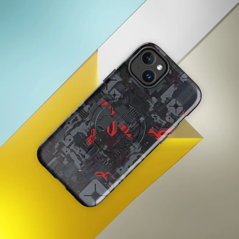 Glossy Dark Mech Circuit Armor MagSafe Tough Case for iPhone — dense layered sci-fi circuit board panels in dark grey