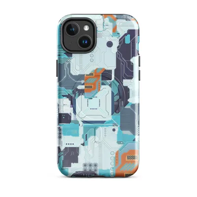 dense circuit board pattern with layered cyan, navy, and orange geometric components in a flat digital illustration style on Glossy Circuit City Tech Camo MagSafe Tough Case for iPhone - default - Front view