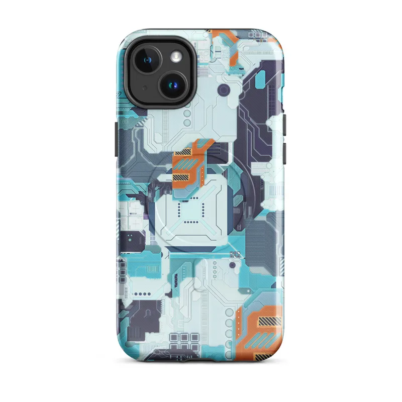 Glossy Circuit City Tech Camo MagSafe Tough Case for iPhone — dense circuit board pattern with layered cyan, navy