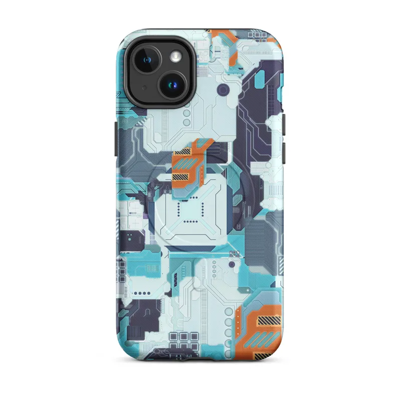 Matte Circuit City Tech Camo MagSafe Tough Case for iPhone — dense circuit board pattern with layered cyan, navy, and orange