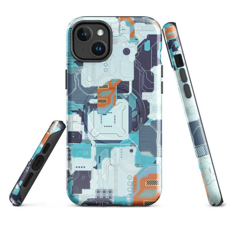 Glossy Circuit City Tech Camo MagSafe Tough Case for iPhone — dense circuit board pattern with layered cyan, navy