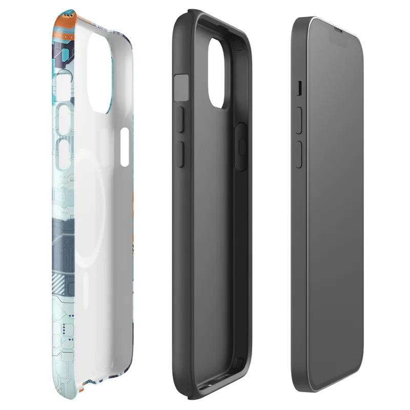 Glossy Circuit City Tech Camo MagSafe Tough Case for iPhone — dense circuit board pattern with layered cyan, navy