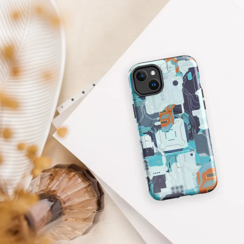 Glossy Circuit City Tech Camo MagSafe Tough Case for iPhone — dense circuit board pattern with layered cyan, navy