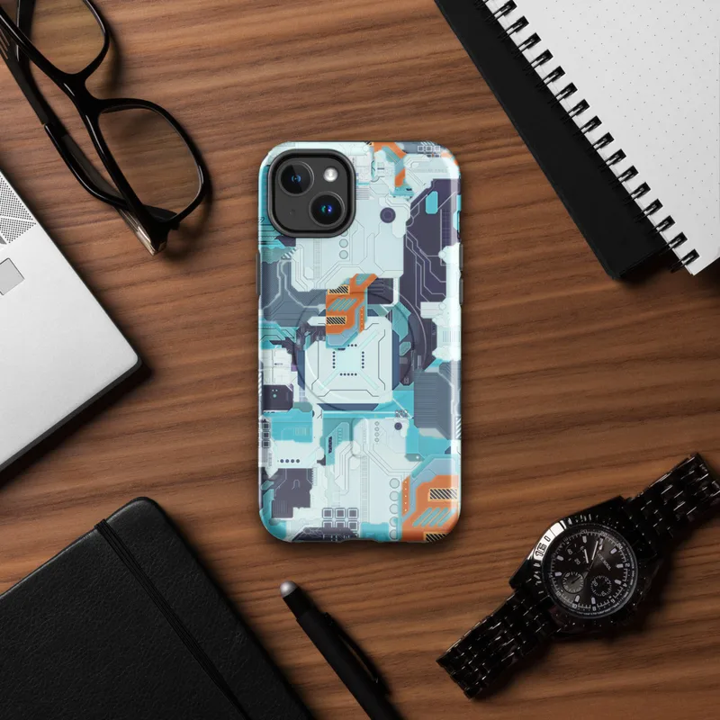 Glossy Circuit City Tech Camo MagSafe Tough Case for iPhone — dense circuit board pattern with layered cyan, navy