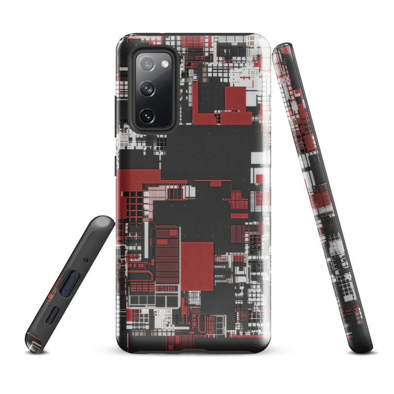 Glossy Grid City Chaos Tough Case for Samsung — overhead urban grid map abstraction in deep red, white, and charcoal
