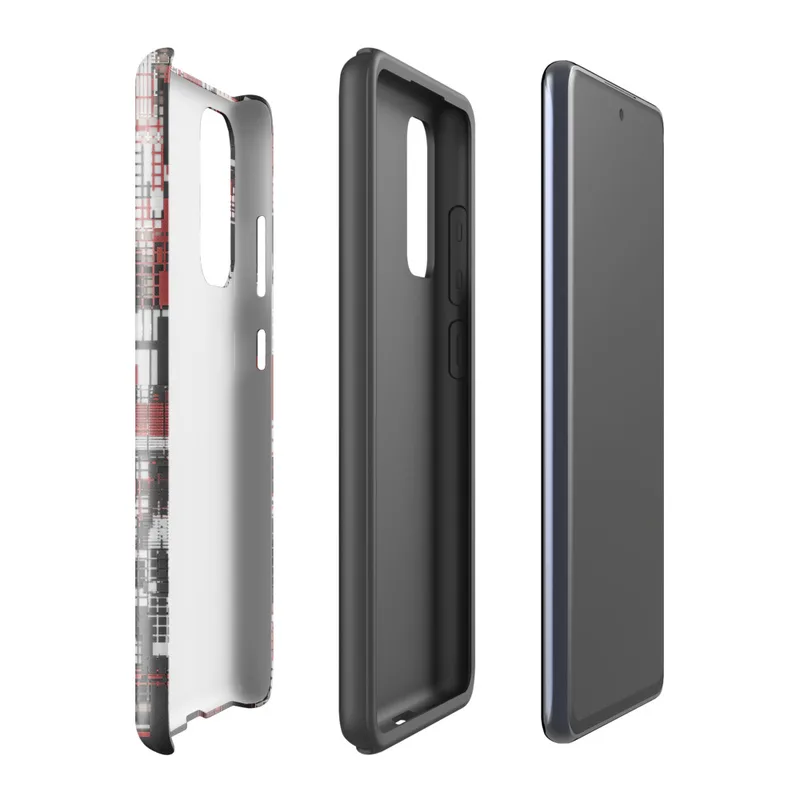 Glossy Grid City Chaos Tough Case for Samsung — overhead urban grid map abstraction in deep red, white, and charcoal
