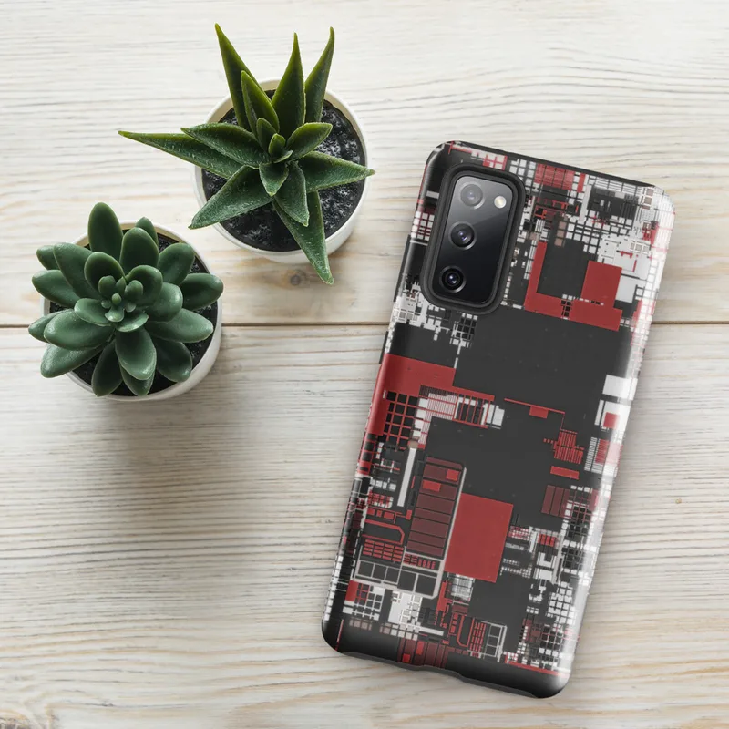 Glossy Grid City Chaos Tough Case for Samsung — overhead urban grid map abstraction in deep red, white, and charcoal