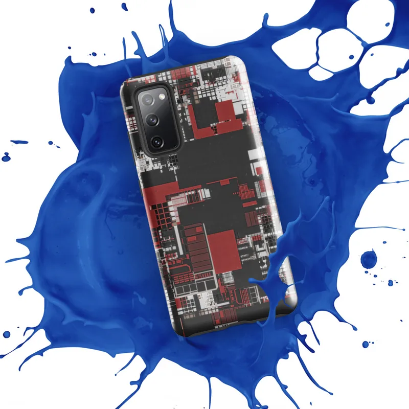Glossy Grid City Chaos Tough Case for Samsung — overhead urban grid map abstraction in deep red, white, and charcoal