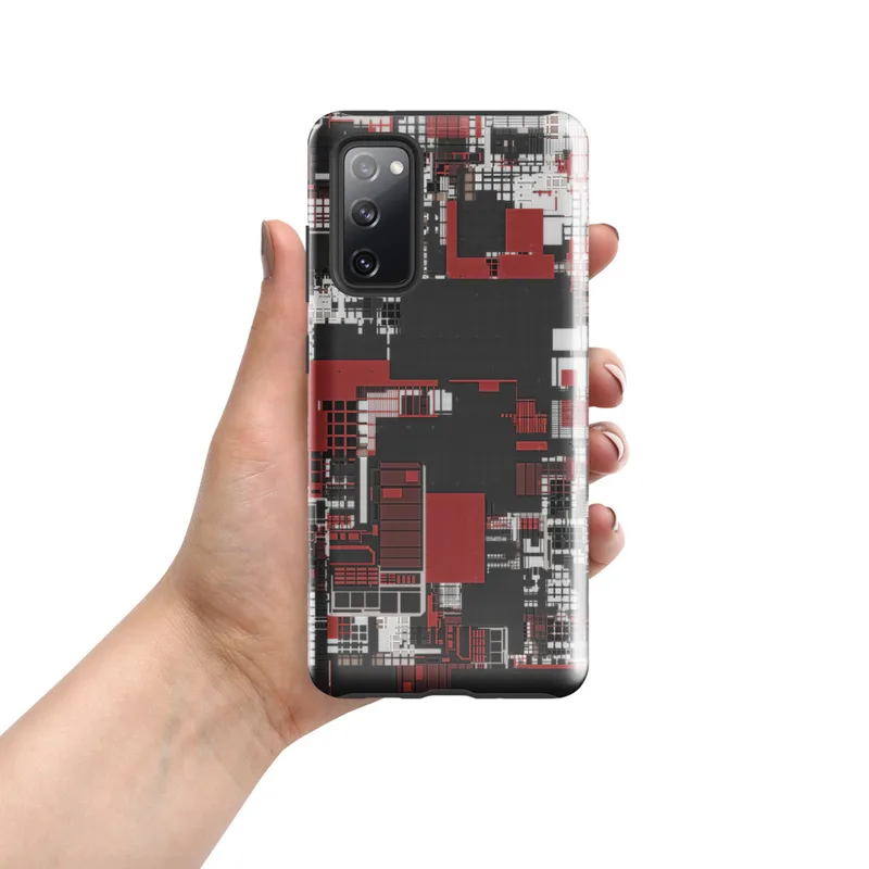 Glossy Grid City Chaos Tough Case for Samsung — overhead urban grid map abstraction in deep red, white, and charcoal