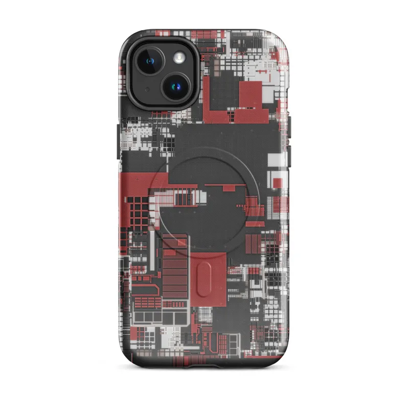 Glossy Circuit City Chaos MagSafe Tough Case for iPhone — aerial city grid abstraction in deep crimson, white, and charcoal