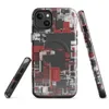 Glossy Circuit City Chaos MagSafe Tough Case for iPhone — aerial city grid abstraction in deep crimson, white, and charcoal