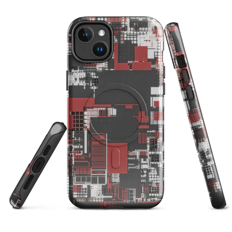 Glossy Circuit City Chaos MagSafe Tough Case for iPhone — aerial city grid abstraction in deep crimson, white, and charcoal