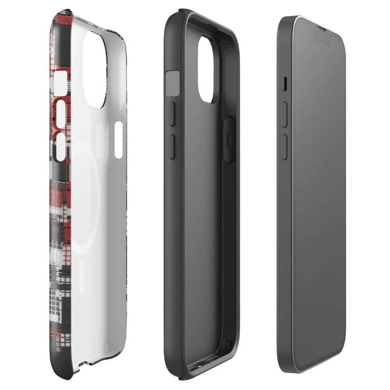 Glossy Circuit City Chaos MagSafe Tough Case for iPhone — aerial city grid abstraction in deep crimson, white, and charcoal