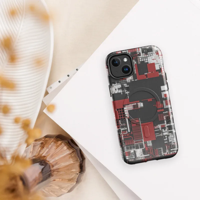 Glossy Circuit City Chaos MagSafe Tough Case for iPhone — aerial city grid abstraction in deep crimson, white, and charcoal