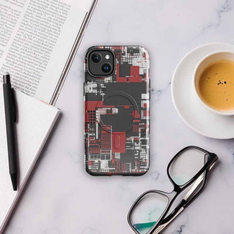 Glossy Circuit City Chaos MagSafe Tough Case for iPhone — aerial city grid abstraction in deep crimson, white, and charcoal
