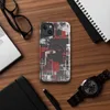 Glossy Circuit City Chaos MagSafe Tough Case for iPhone — aerial city grid abstraction in deep crimson, white, and charcoal