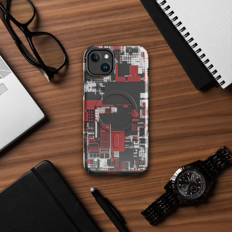 Glossy Circuit City Chaos MagSafe Tough Case for iPhone — aerial city grid abstraction in deep crimson, white, and charcoal