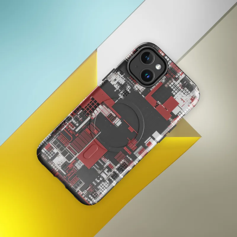 Glossy Circuit City Chaos MagSafe Tough Case for iPhone — aerial city grid abstraction in deep crimson, white, and charcoal
