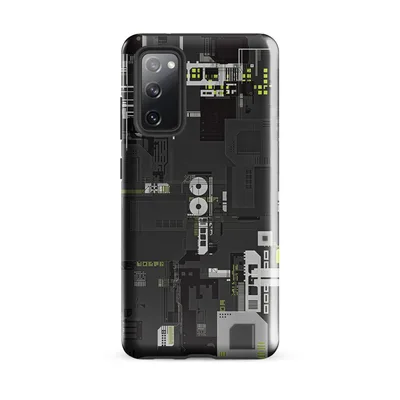 dense overhead schematic of industrial machinery and circuit pathways in charcoal gray with electric yellow-green accents on Glossy Circuit City Tough Case for Samsung - default - Front view