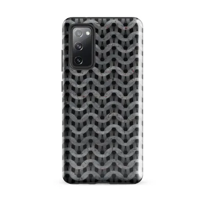 close-up pattern of interlocking steel chain mail rings with rust spots and aged grey metal tones on black background on Glossy Iron Chain Armor Tough Case for Samsung - default - Front view