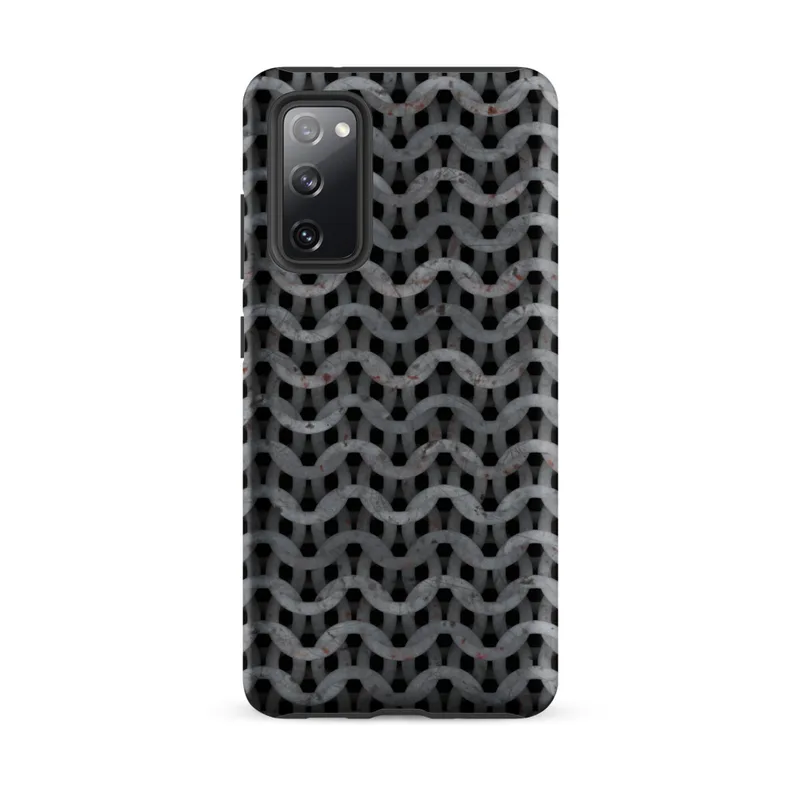 Matte Iron Chain Armor Tough Case for Samsung — close-up pattern of interlocking steel chain mail rings with rust spots