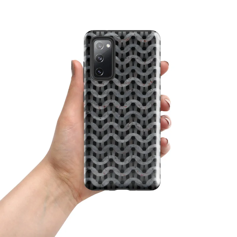 Glossy Iron Chain Armor Tough Case for Samsung — close-up pattern of interlocking steel chain mail rings with rust spots