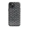 Glossy Iron Weave Armor MagSafe Tough Case for iPhone — close-up chainmail armor pattern in weathered grey steel with rust