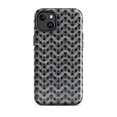 close-up chainmail armor pattern in weathered grey steel with rust spots and interlocking wave-shaped rings on black on Glossy Iron Weave Armor MagSafe Tough Case for iPhone - default - Front view
