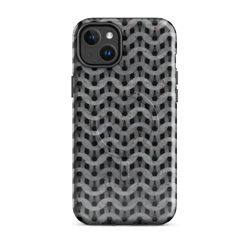 Glossy Iron Weave Armor MagSafe Tough Case for iPhone — close-up chainmail armor pattern in weathered grey steel with rust