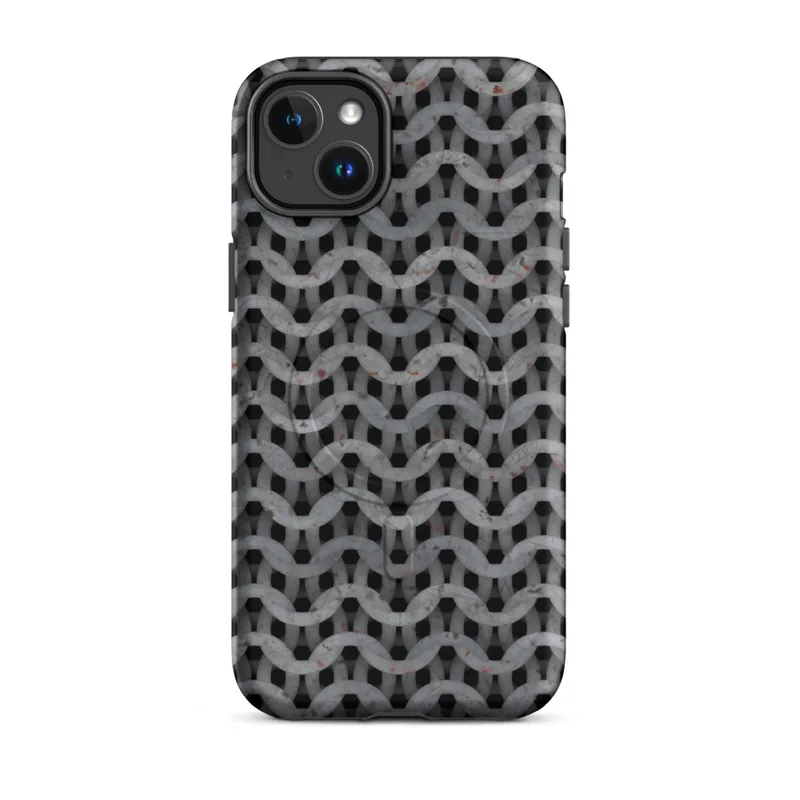 Matte Iron Weave Armor MagSafe Tough Case for iPhone — close-up chainmail armor pattern in weathered grey steel with rust