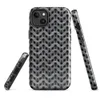 Glossy Iron Weave Armor MagSafe Tough Case for iPhone — close-up chainmail armor pattern in weathered grey steel with rust