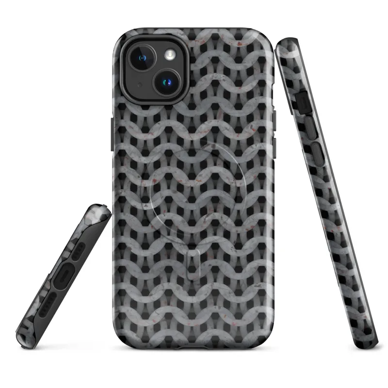 Glossy Iron Weave Armor MagSafe Tough Case for iPhone — close-up chainmail armor pattern in weathered grey steel with rust