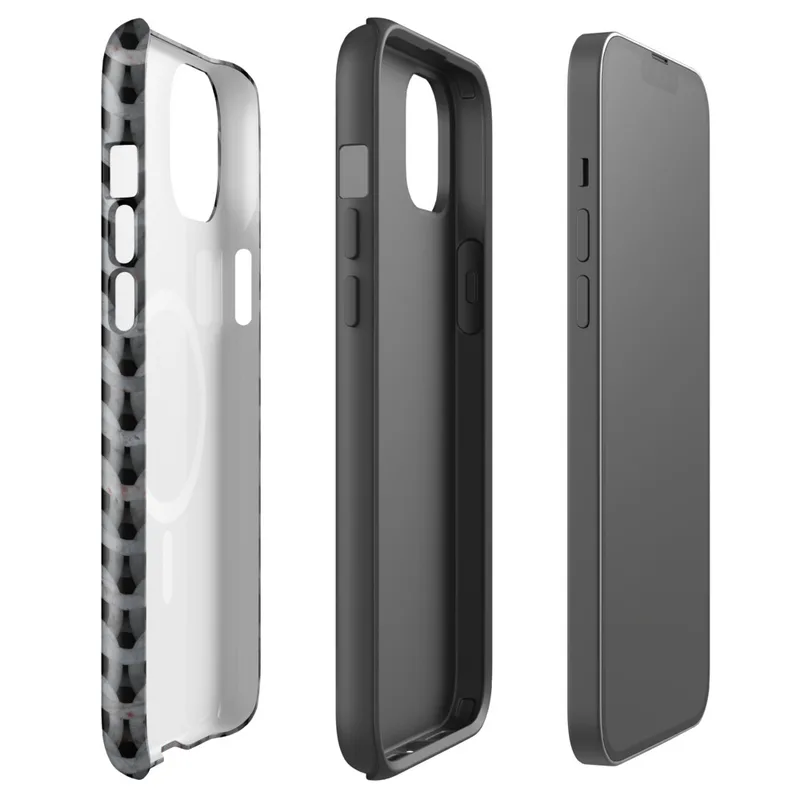 Glossy Iron Weave Armor MagSafe Tough Case for iPhone — close-up chainmail armor pattern in weathered grey steel with rust