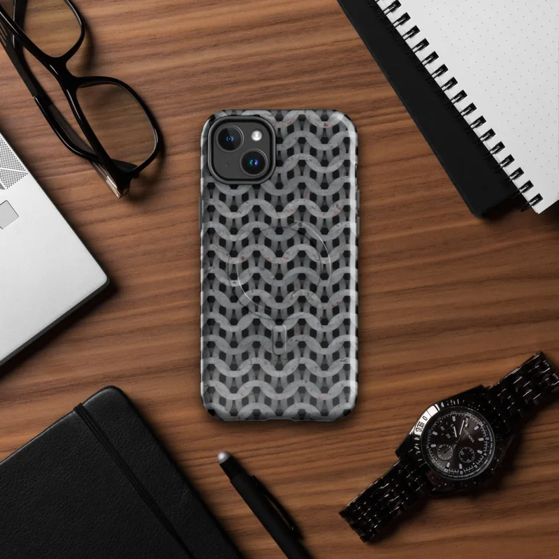 Glossy Iron Weave Armor MagSafe Tough Case for iPhone — close-up chainmail armor pattern in weathered grey steel with rust