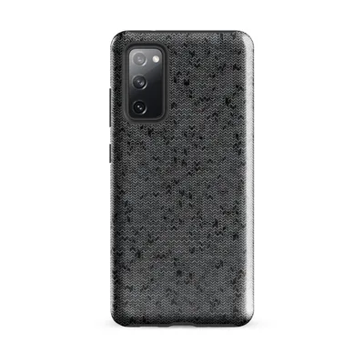 close-up chain mail armor pattern in deep charcoal and steel grey with interlocking loops and scattered dark voids on Glossy Dark Chain Mail Armor Tough Case for Samsung - default - Front view