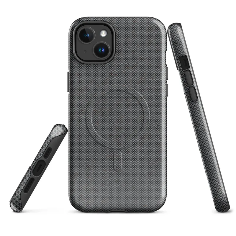 Glossy Dark Knit Texture MagSafe Tough Case for iPhone — close-up dark charcoal knit fabric texture with tiny scattered deep