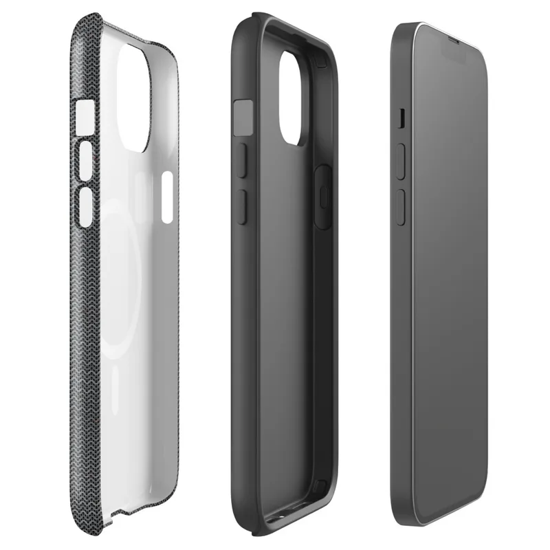 Glossy Dark Knit Texture MagSafe Tough Case for iPhone — close-up dark charcoal knit fabric texture with tiny scattered deep
