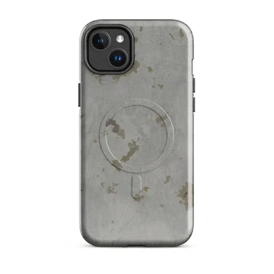 weathered gray concrete surface with irregular patches of warm khaki and muted gold simulating oxidation and peeling plaster on Glossy Weathered Concrete Urban MagSafe Tough Case for iPhone - default - Front view