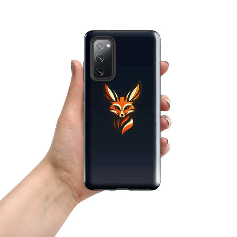 Glossy Shadow Fox Fierce Tough Case for Samsung — geometric fox face with sharp angular lines in orange, ivory, and black