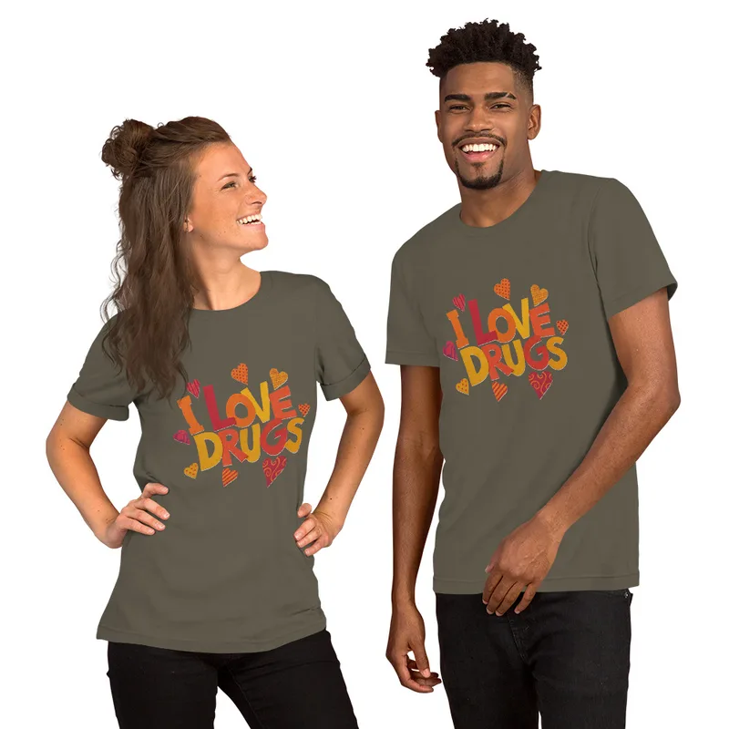 Army I Love Drugs Bold Statement Tee — bold chunky lettering reading I Love Drugs in warm orange red and yellow tones