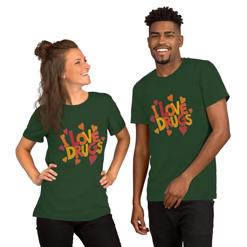 Forest I Love Drugs Bold Statement Tee — bold chunky lettering reading I Love Drugs in warm orange red and yellow tones