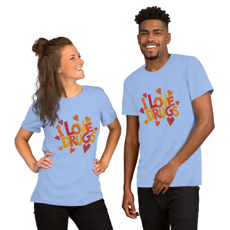 Heather Carolina Blue I Love Drugs Bold Statement Tee — bold chunky lettering reading I Love Drugs in warm orange red