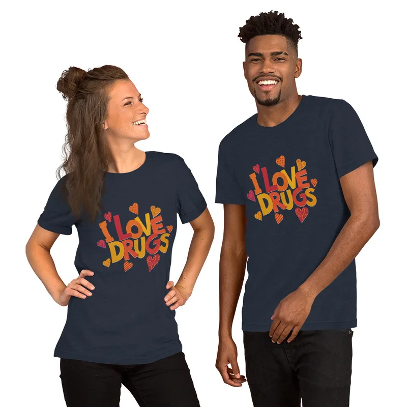 Heather Navy I Love Drugs Bold Statement Tee — bold chunky lettering reading I Love Drugs in warm orange red and yellow