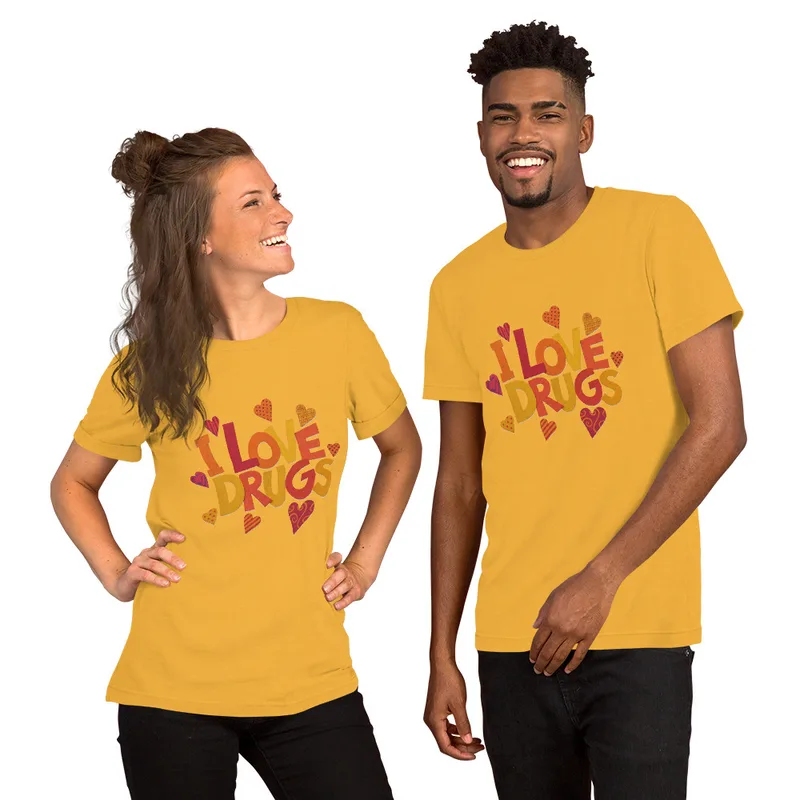 Heather Yellow Gold I Love Drugs Bold Statement Tee — bold chunky lettering reading I Love Drugs in warm orange red