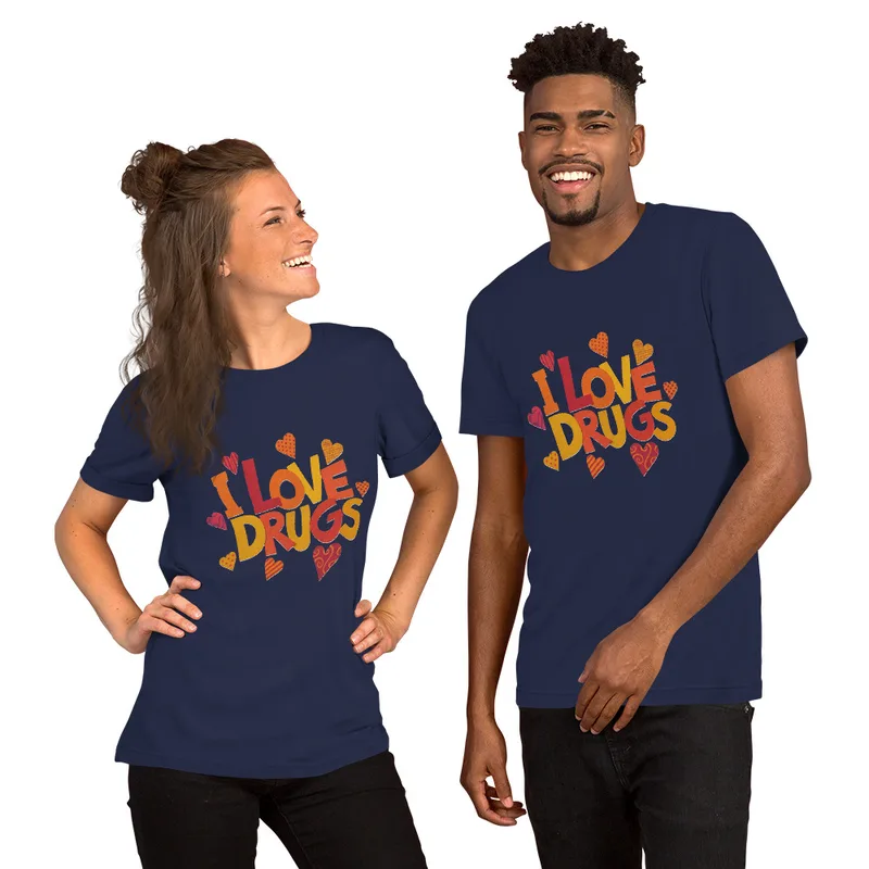 Navy I Love Drugs Bold Statement Tee — bold chunky lettering reading I Love Drugs in warm orange red and yellow tones